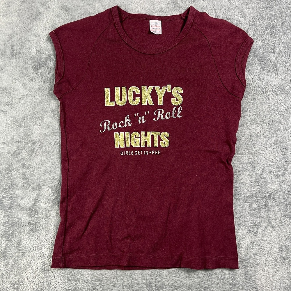 Lucky Brand Knit Wear Tee Shirt Womens Small Maroon Graphic Cap Sleeve Cotton